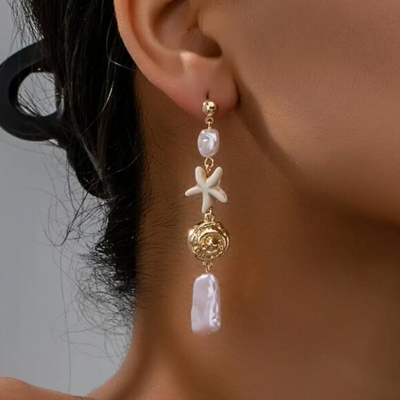 NWT Gold Starfish & Pearl Dangle Earrings beachy boho Coastal Jewelry Gift - Picture 2 of 8